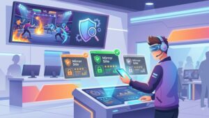Современная иллюстрация с элементами киберспорта и интерфейсом сайта для выбора надежного зеркала букмекера
