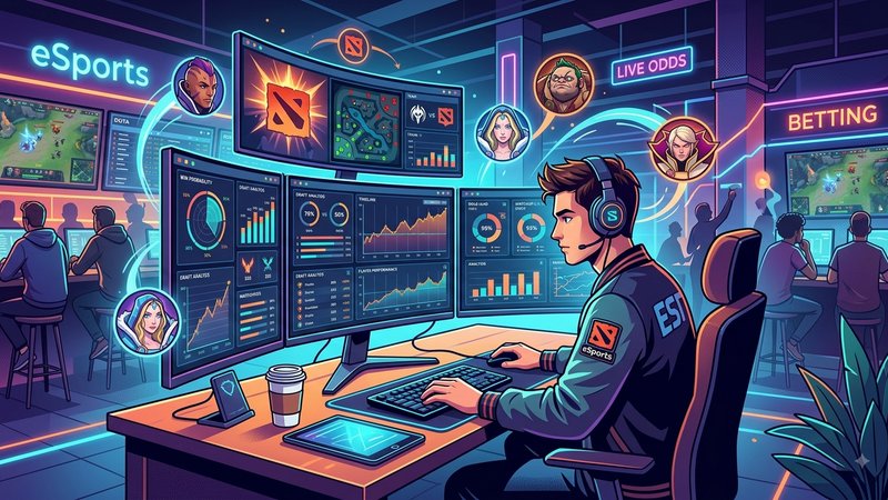 Современная иллюстрация с элементами игры Dota 2 для руководства по ставкам на киберспорт